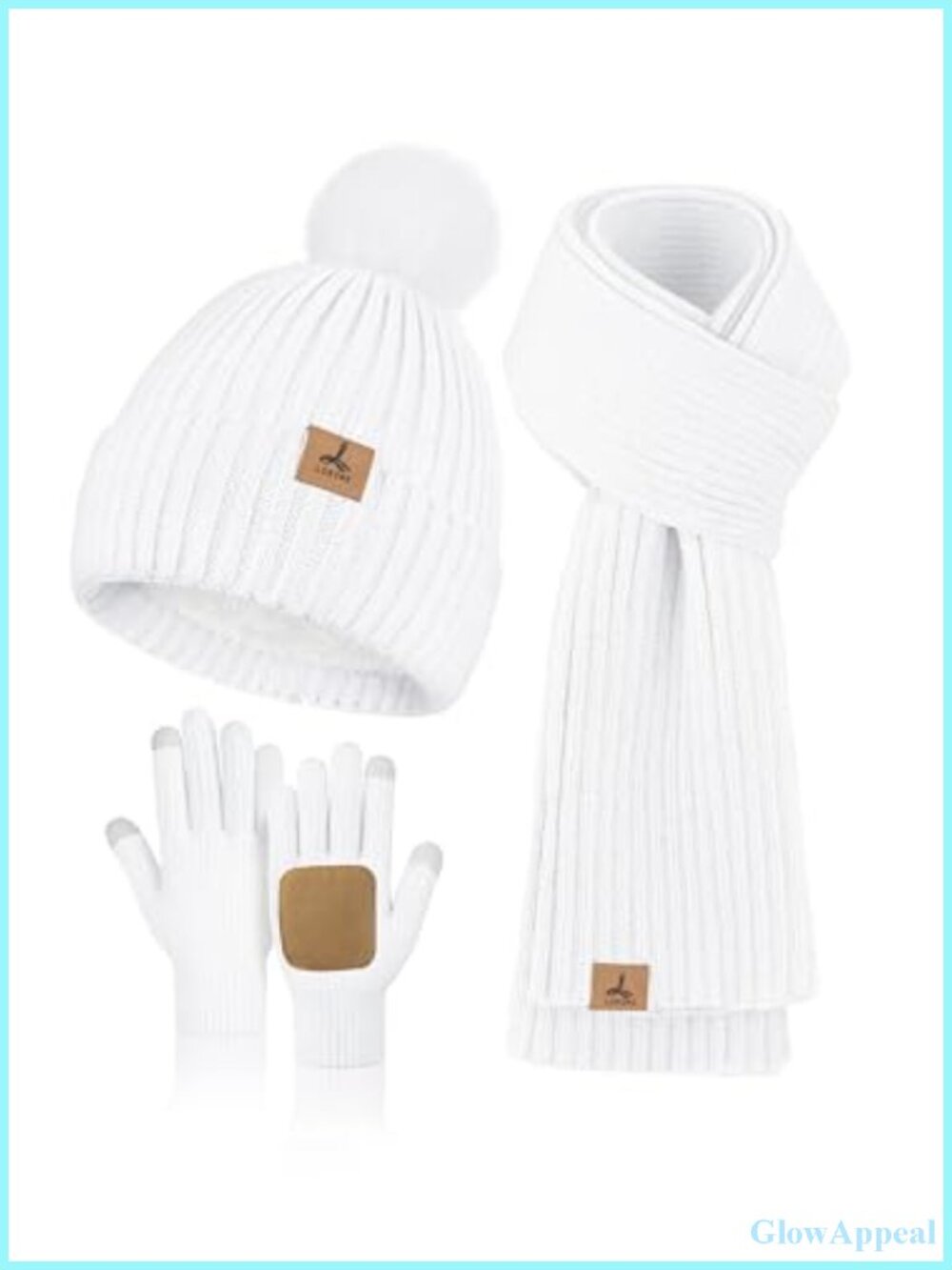 Fleece Knitted Winter Hat Scarf Gloves Set with Pom-Pom, Touchscreen Gloves